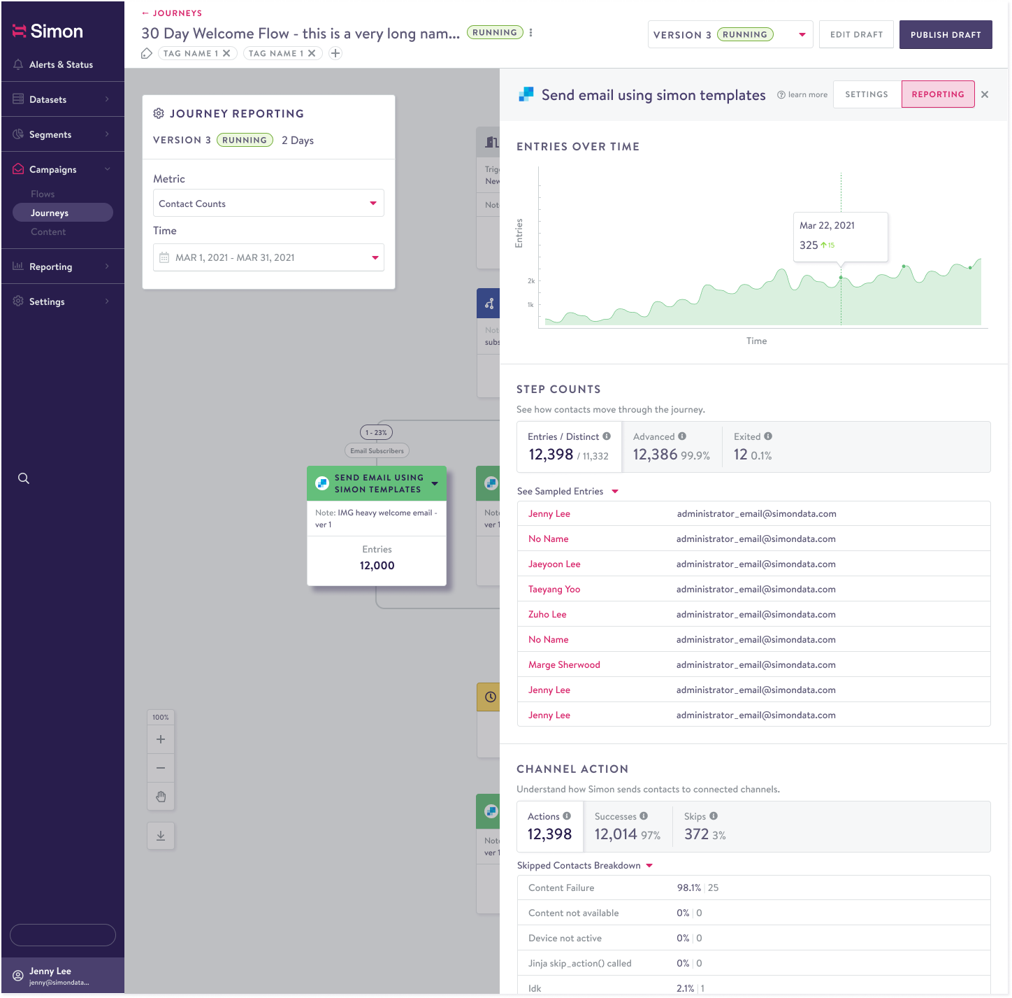 Campaign side drawer with settings and reporting