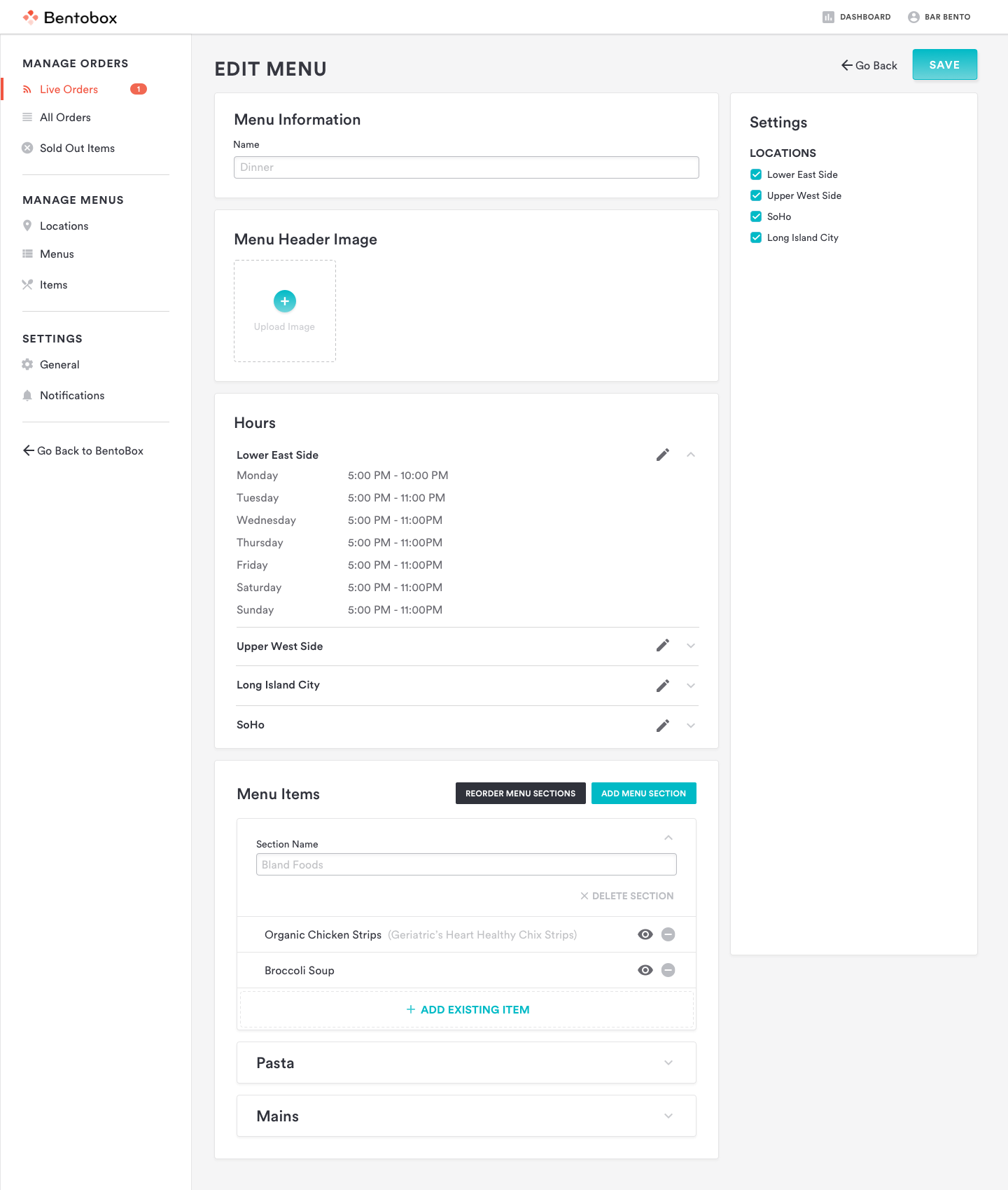 Online ordering menu content management