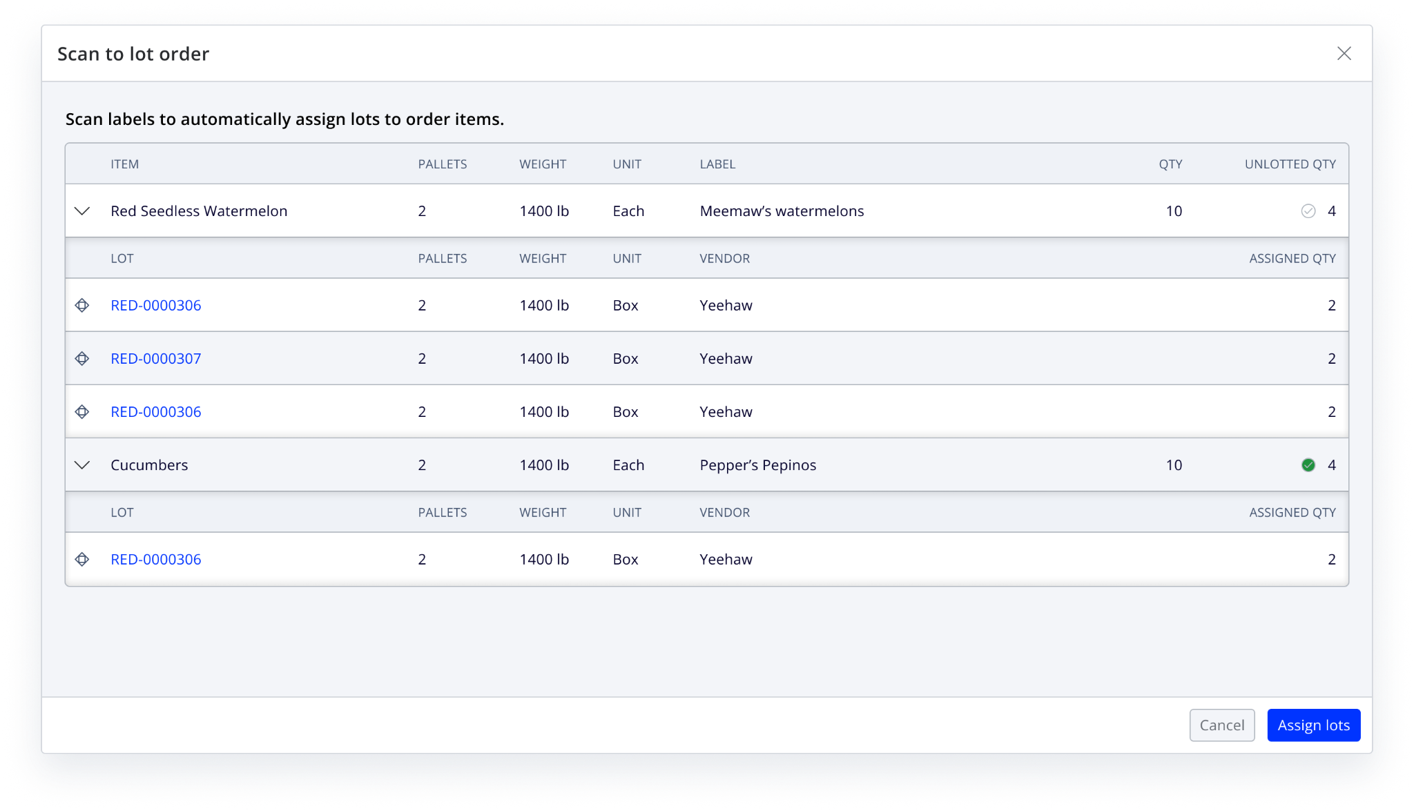 Scan-to-lot order showing a success message and assigned quantity