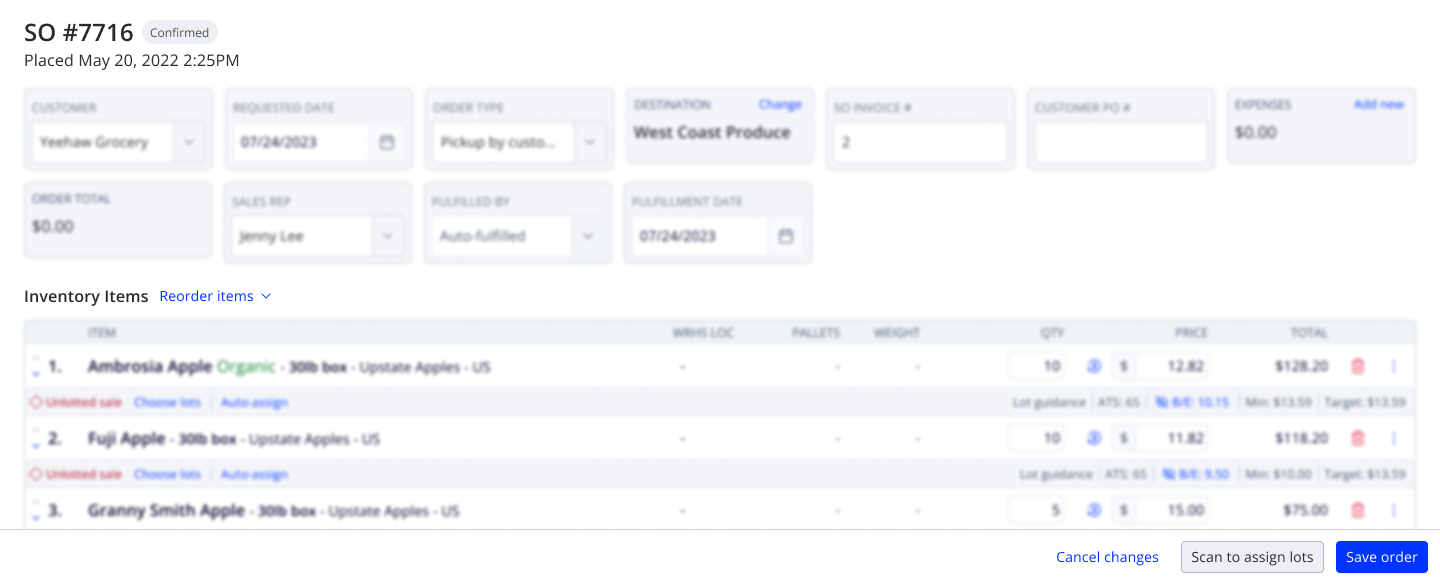 Existing order screen with an entry point to scan and assign lots
