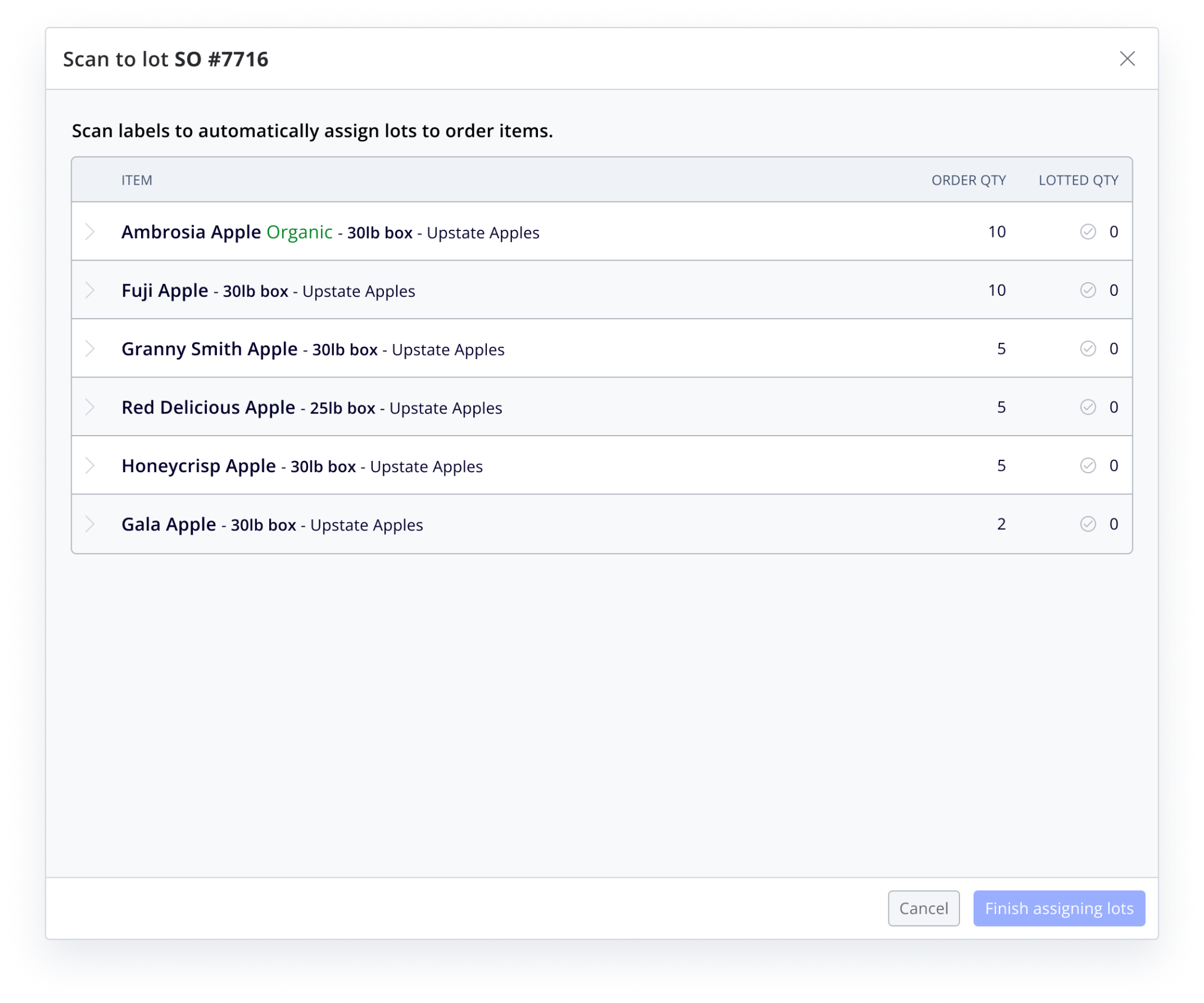 Empty scanning state that guides a user to begin assigning lots